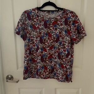 LOFT Multicolor Floral and Peacock Print Short Sleeve Tee